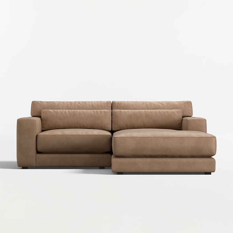 Camel Leather Chaise Sofa Deep Seated with Block Feet Small Space