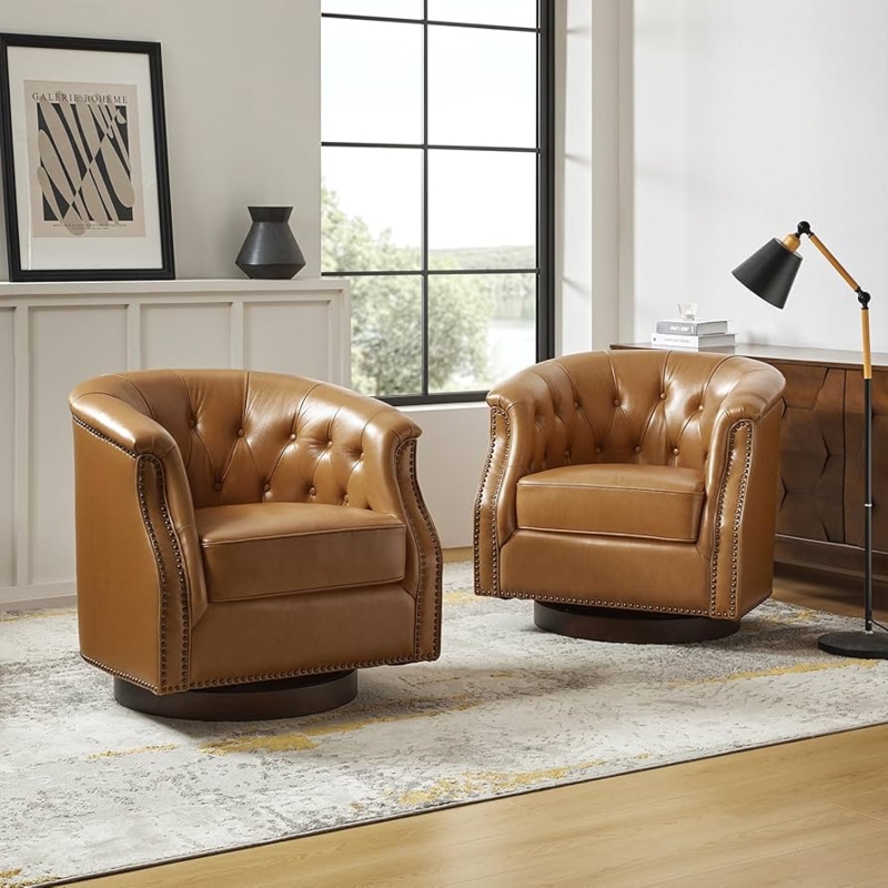 Camel Leather Swivel Rocker Chesterfield Tufted Nailhead Trim Traditional