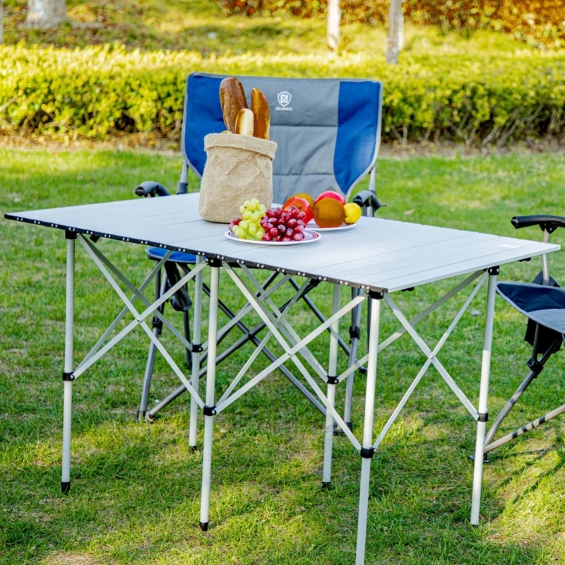 Camping Table, Metallic Silver Roll-Up Top, X-Frame Portable