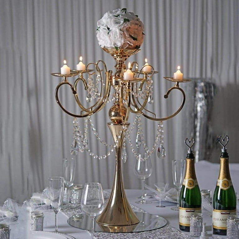 Candelabra Centerpiece Gold Five Arms Crystal Strands Floral Bowl