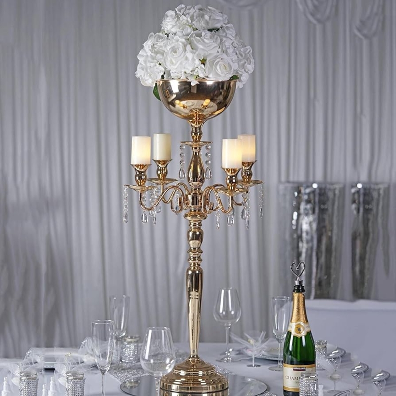 Candelabra Centerpiece Tall Gold Floral Bowl Top Hanging Crystals