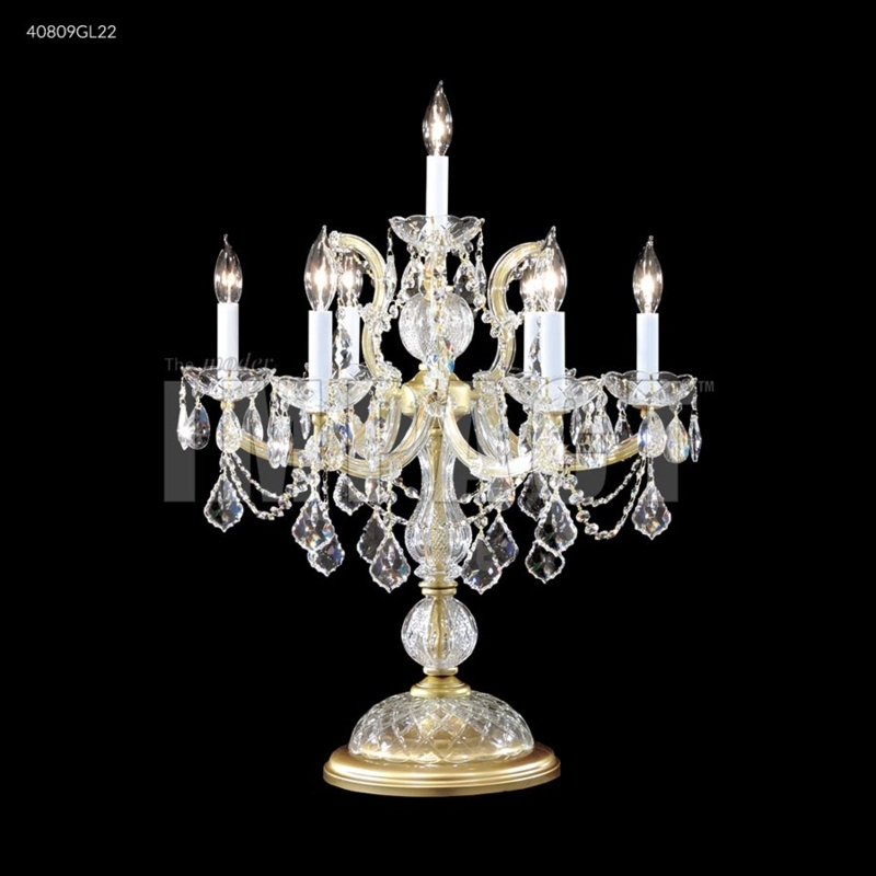 Candelabra Table Lamp: 6 Arm Design, Golden Teak Crystals, Traditional