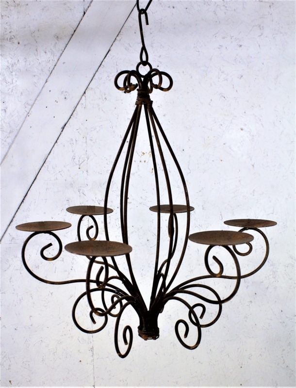 Candle Chandelier Satin Black 6-Arm Scrollwork Arms Votive Plates