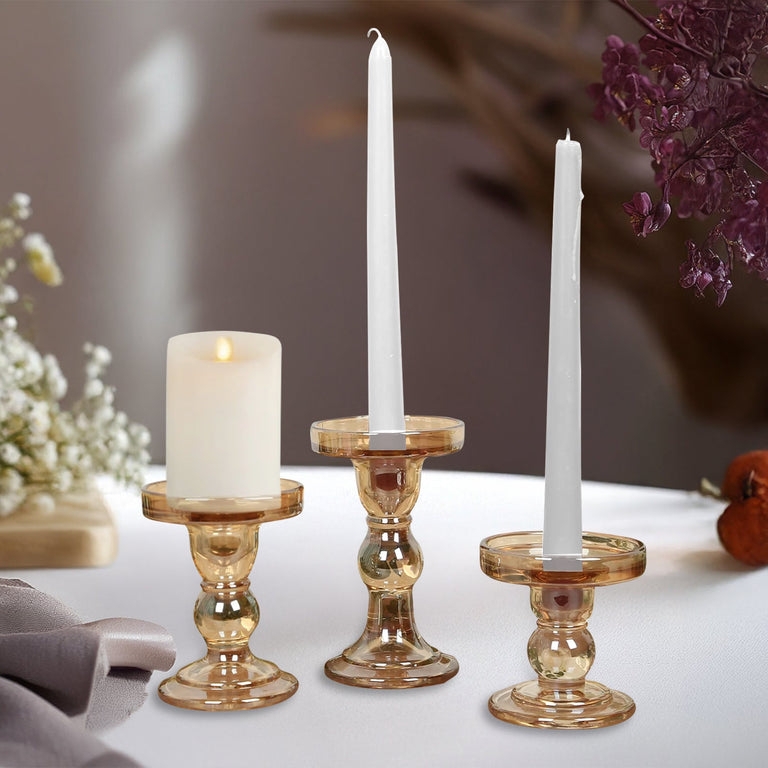 Candle Holder Amber Gold Glass Crystal Ball Stem Vintage Glam Tiered