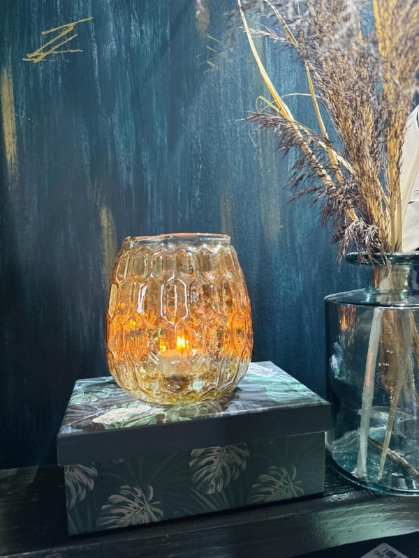 Candle Holder Amber Orange Honeycomb Glass Botanical Print Base