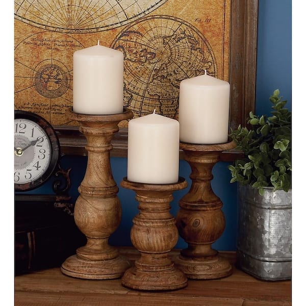 Candle Holder Set Mango Wood Natural Grain Staggered Heights Farmhouse Decor