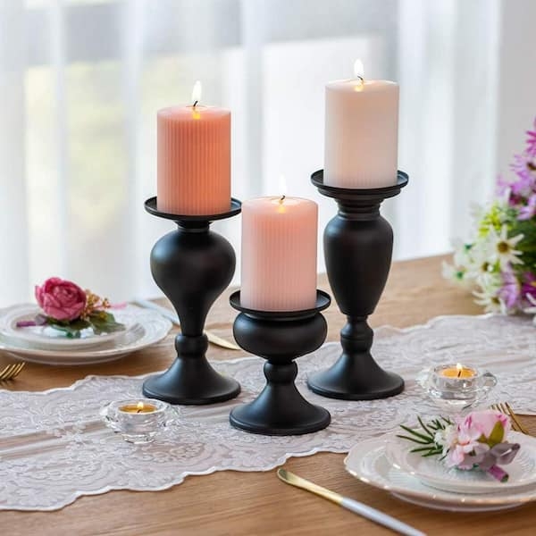 Candle Holder Set Matte Black Metal Turned Spindle Base Transitional Decor