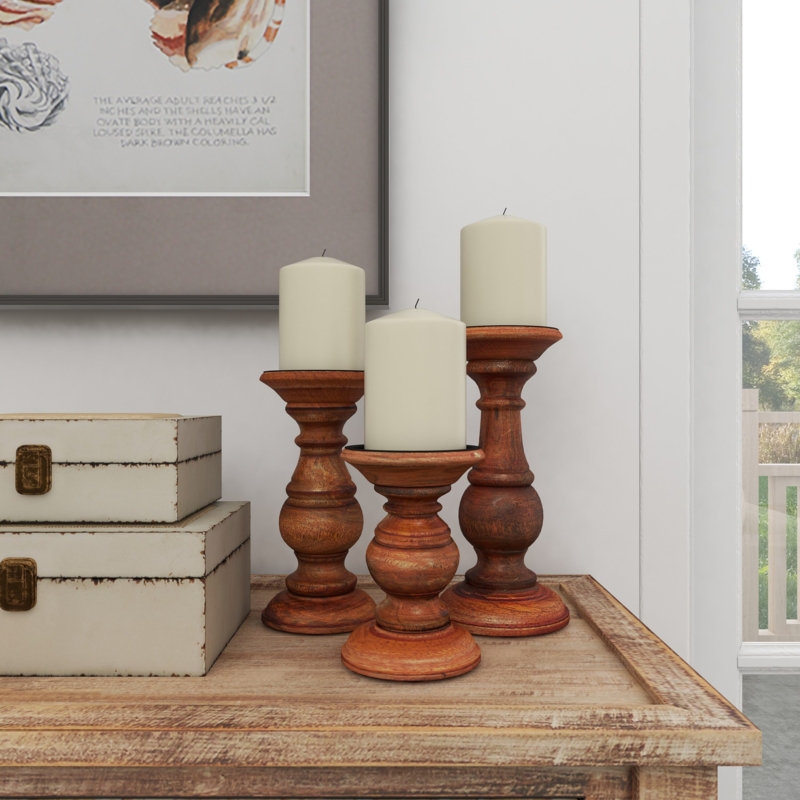 Candle Holder Set Traditional Mango Wood Metal Plates Graduated Heights