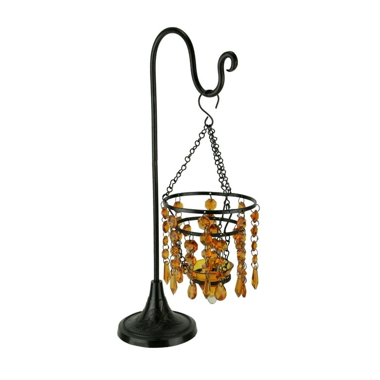 Candle Holder Stand Amber Beaded Fringe Shepherds Hook Matte Black