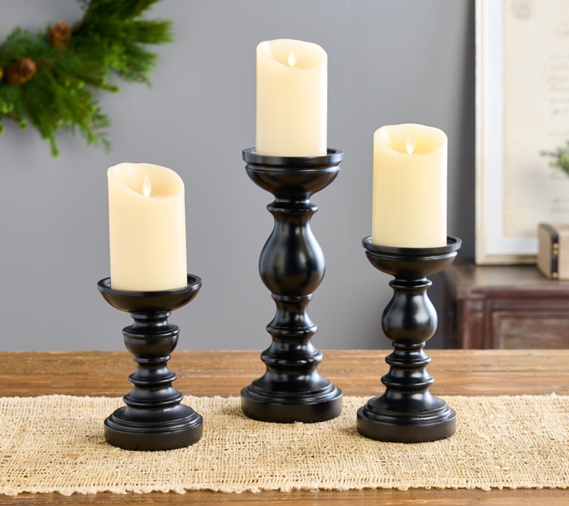 Candle Holder Trio Matte Black Turned Pedestal Wood Style Tiered Set