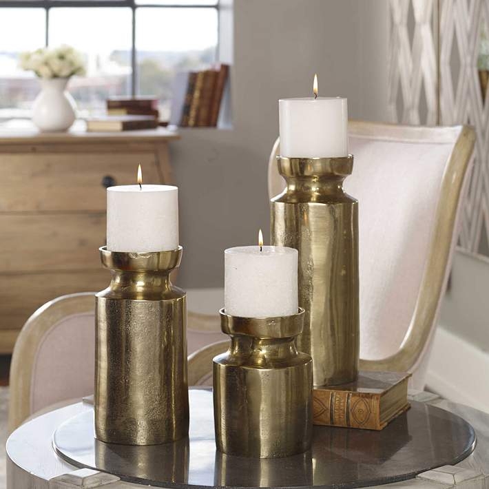 Candle Holders Antique Brass Mottled Texture Cylindrical Base Transitional