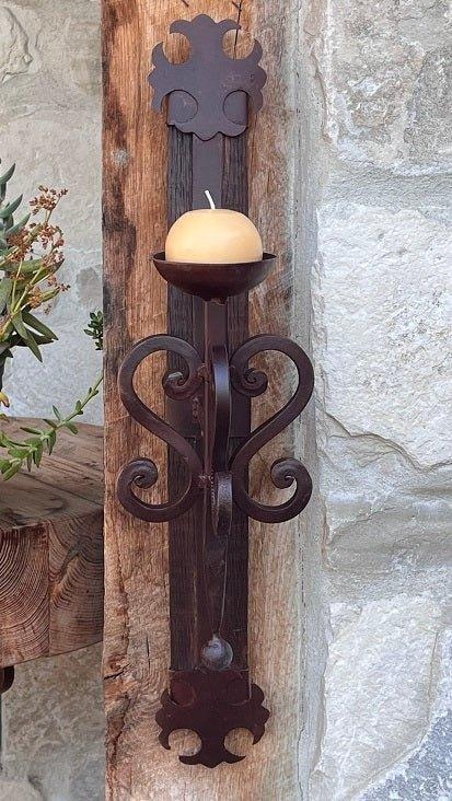 Candle Sconce, Iron Scrollwork, Fleur-de-Lis Motifs, Wood Post Mount