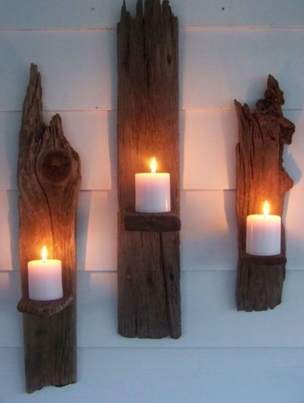 Candle Sconce Set, Live Edge Wood, Rough-Hewn Texture, Walnut Brown