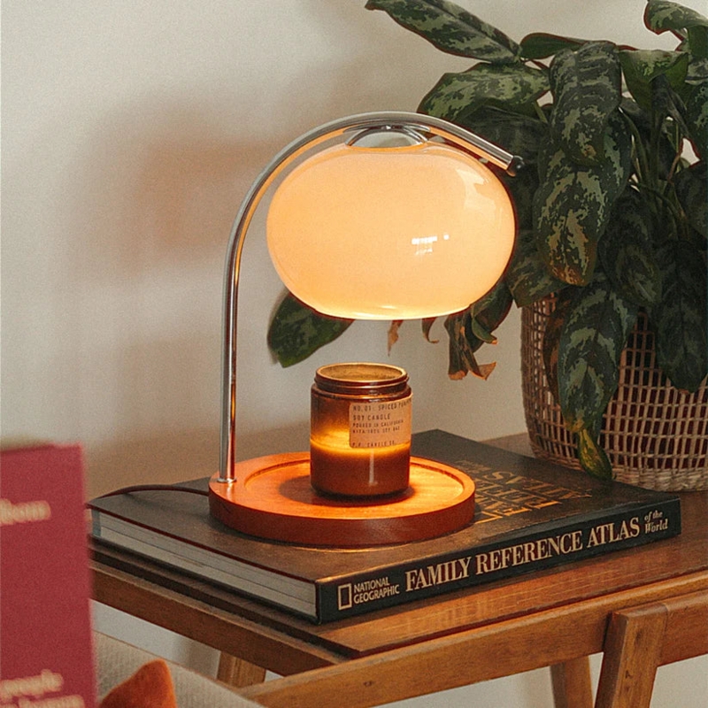 Candle Warmer Lamp Frosted Glass Globe Curved Chrome Arm Mid-Century