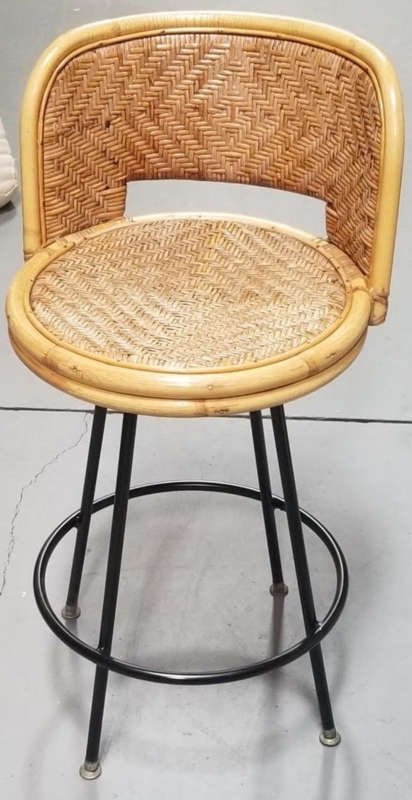 Cane Bar Stool Swivel Open Back Black Metal Base Mid Century
