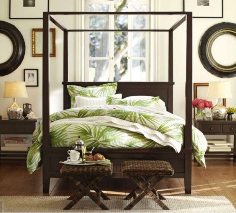 Canopy Bed Dark Wood Four Poster Frame Woven Stools Tropical Ideas