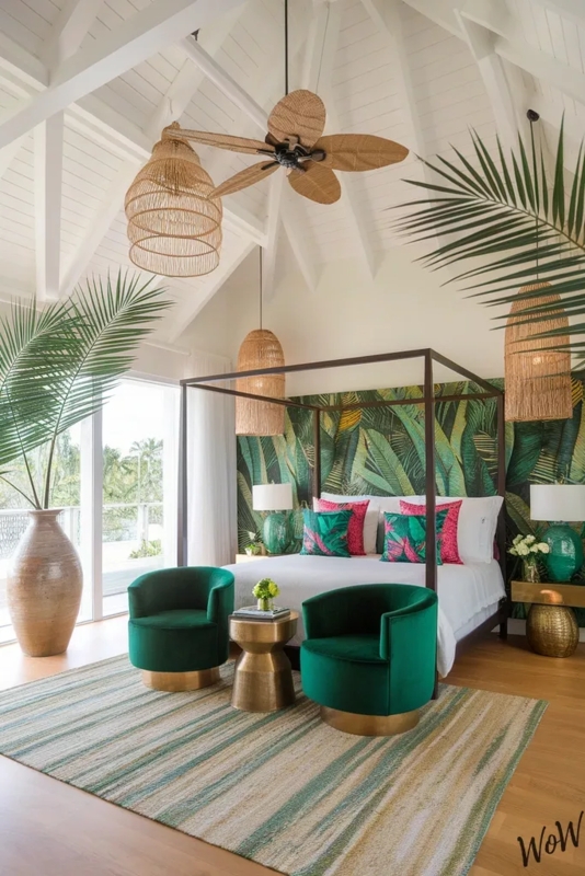 Canopy Bed Emerald Velvet Accent Chairs Botanical Wallpaper Tropical