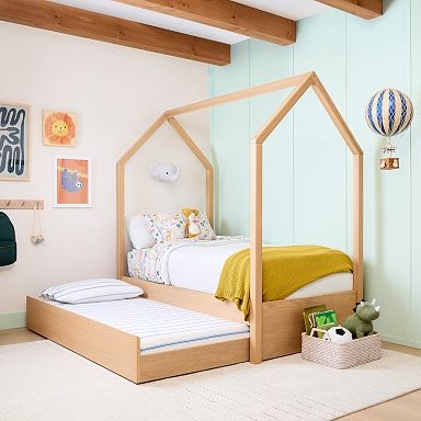 Canopy Bed House Frame with Integrated Pull-Out Trundle in Light Oak
