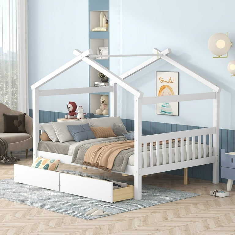 Canopy Bed House Shape with Underbed Storage Drawers in White