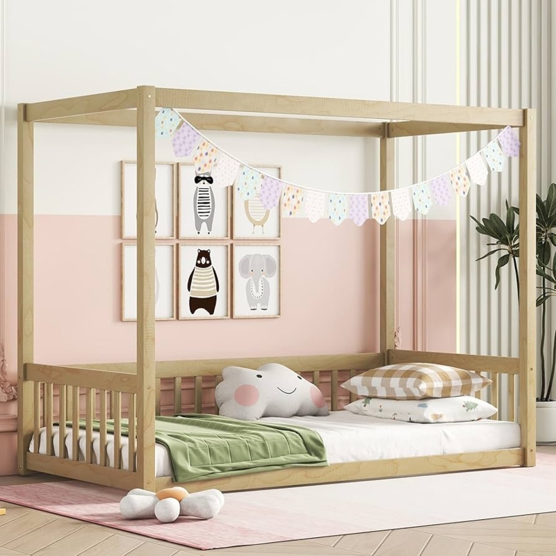 Canopy Floor Bed Four Poster Montessori Design in Natural Wood Finish