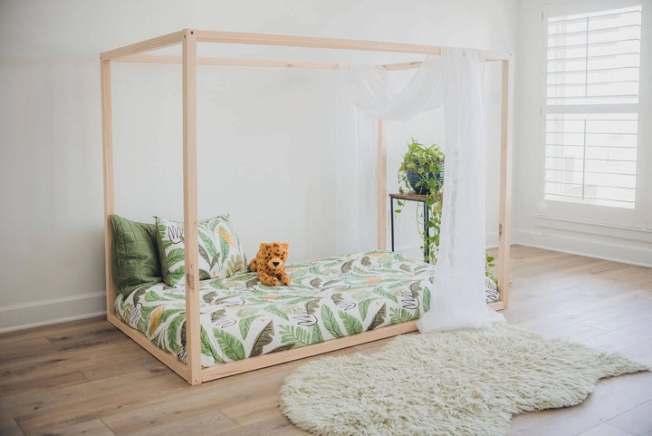 Canopy Floor Bed Frame with Slatless Design in Natural Wood Tone