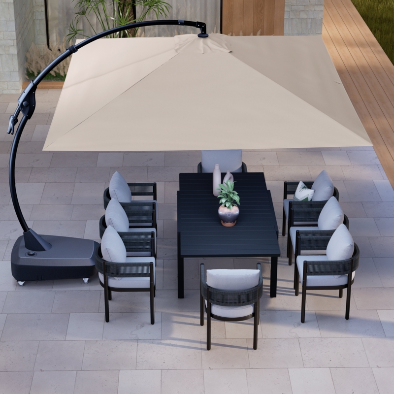 Cantilever Umbrella Champagne Beige Curved Arm Mobile Base