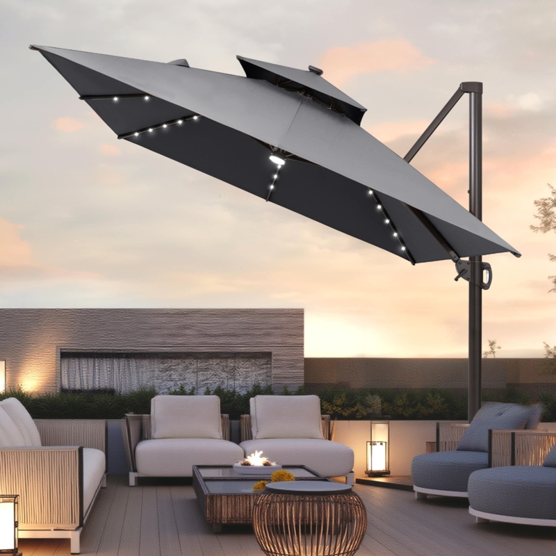 Cantilever Umbrella Charcoal Gray Dual Top Solar LED Canopy