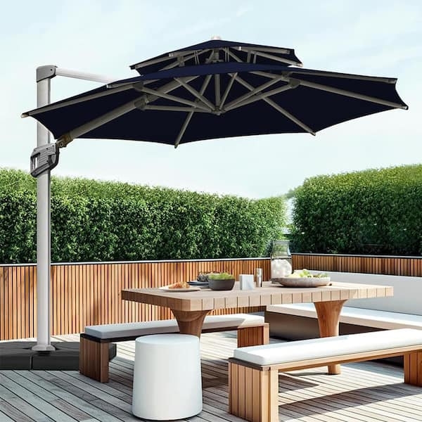 Cantilever Umbrella Double Tier Canopy Navy Blue Square Offset Pole