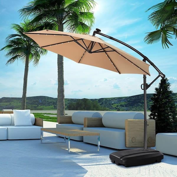 Cantilever Umbrella LED Rib Lights Wheeled Base Offset Arm Beige