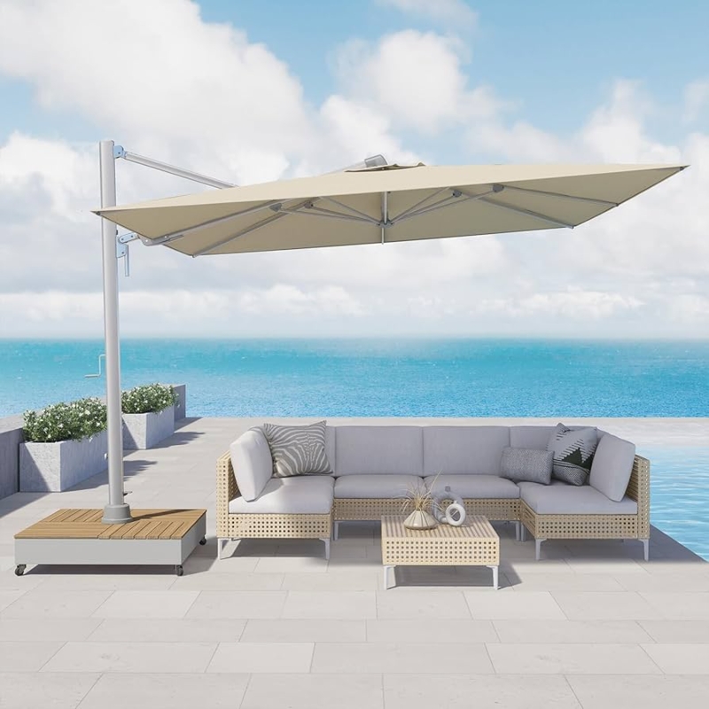 Cantilever Umbrella Mobile Wood Slat Base Beige Offset Canopy