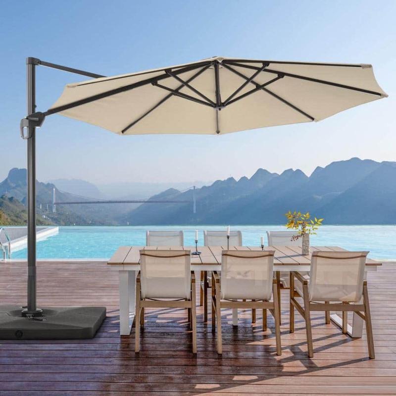 Cantilever Umbrella Offset Pole Weighted Square Base Octagonal Beige