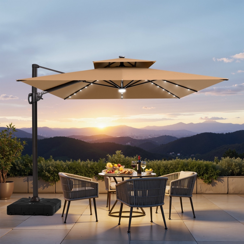 Cantilever Umbrella Warm Beige LED Lights Rope Cord Texture