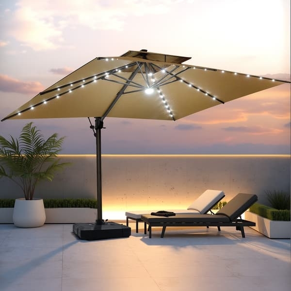 Cantilever Umbrella Wheeled Base Tan Solar LED Lighted Canopy
