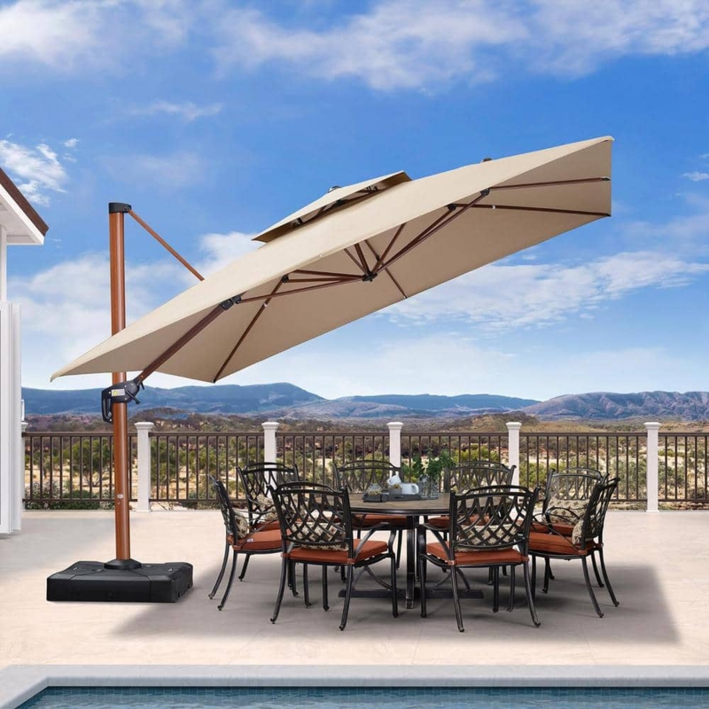 Cantilever Umbrella Wood Grain Pole Double Tier Vent Warm Beige Lattice