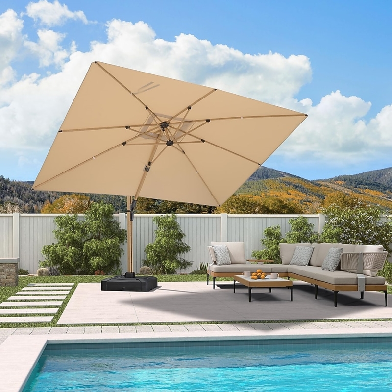 Cantilever Umbrella Wood Toned Frame Warm Beige Offset Canopy