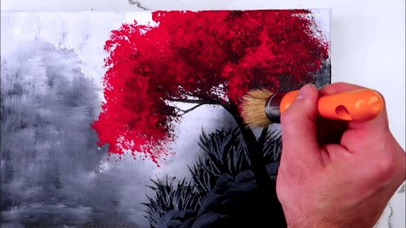 Canvas Art Acrylic Grayscale Landscape Painting Vibrant Red Tree