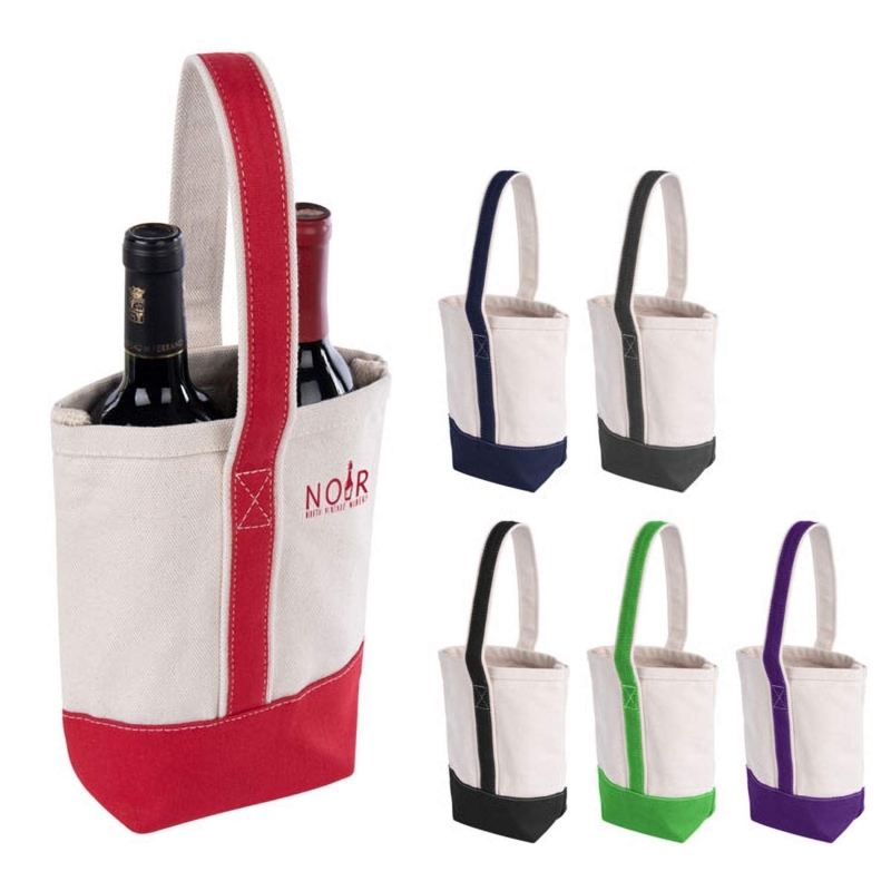Canvas Two Bottle Wine Carrier Contrast Handle Strap Tote