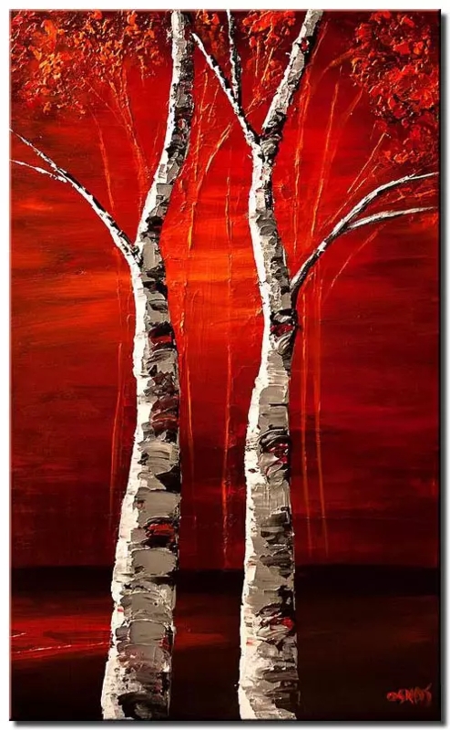 Canvas Wall Art Birch Tree Motif Palette Knife Vertical Format
