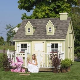 Cape Cod Playhouse with Sage Green Siding & Picket Railing
