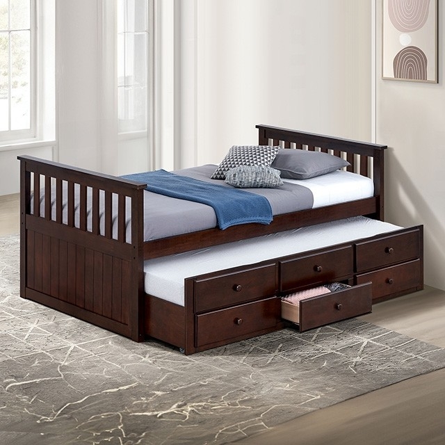 Captain Bed with Slatted Headboard in Dark Walnut Finish