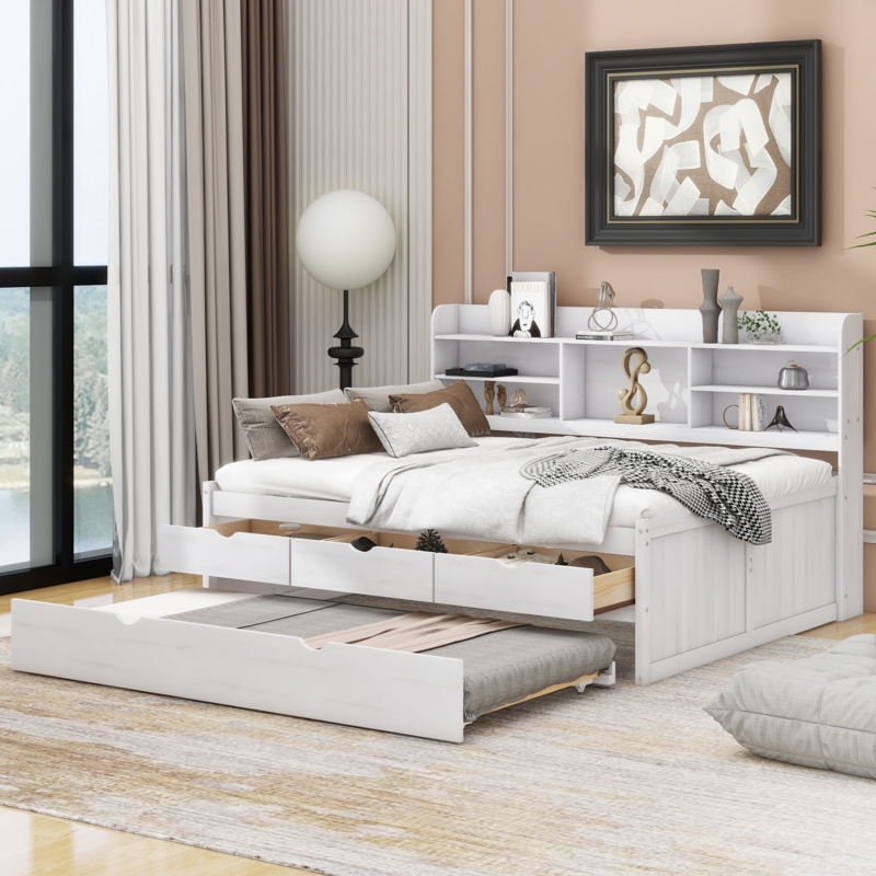 Captain Bed with Whitewashed Finish, Integrated Bookcase, Trundle