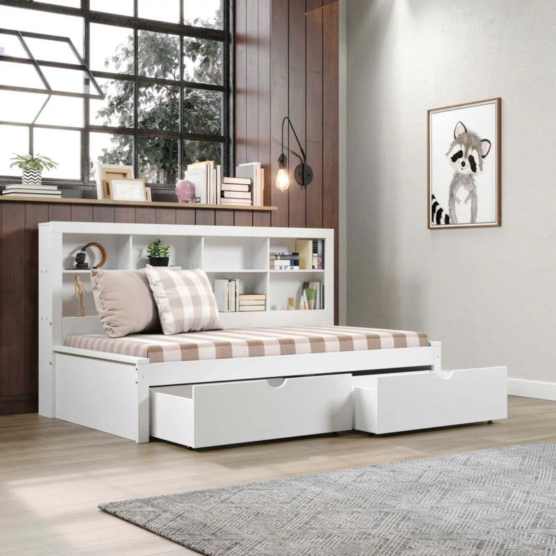 Captains Bed, Crisp White, Finger Pulls, Bookcase Headboard Cubbies