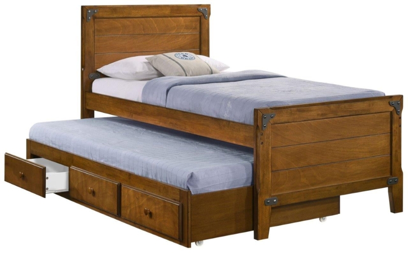 Captains Bed in Rustic Honey Finish with Metal Corner Brackets