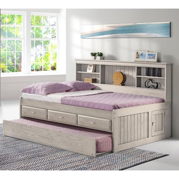 Captains Bed with Shelving, Light Ash Gray, Beadboard & Side Cabinet