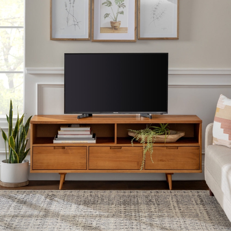 Caramel Mid Century TV Console with Distinct Cutout Handles