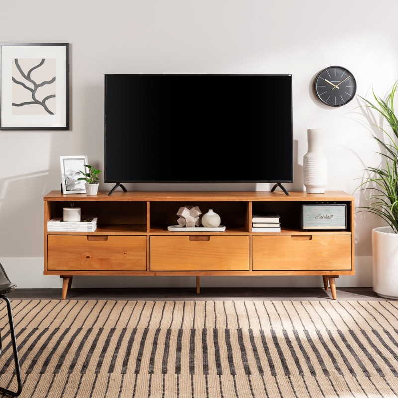 Caramel Solid Wood TV Stand featuring Notched Drawer Pulls