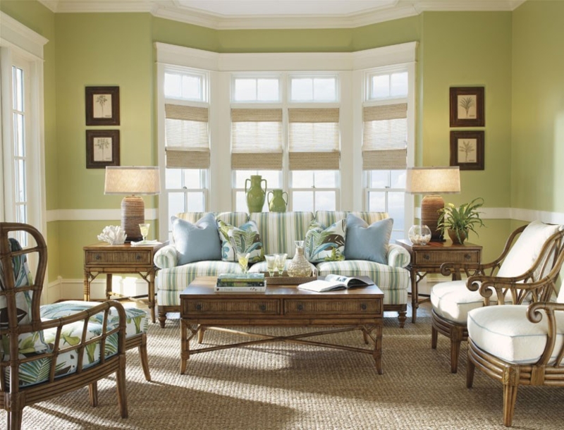 Caribbean Style Living Room Set with Reeded Wood and Rattan Chairs