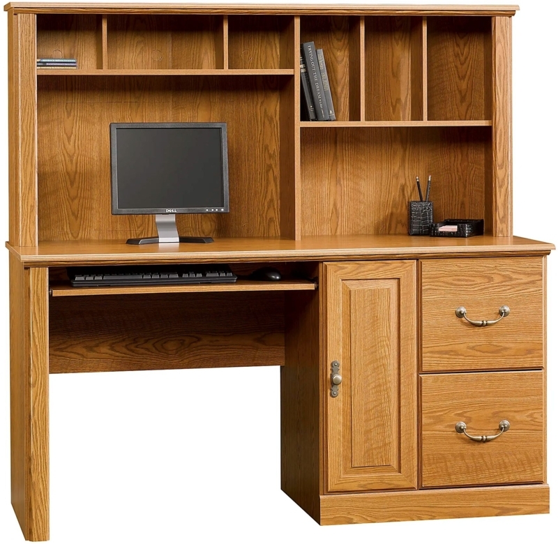 Carolina Oak Computer Desk Hutch: Raised Panel Door Storage Cubbies