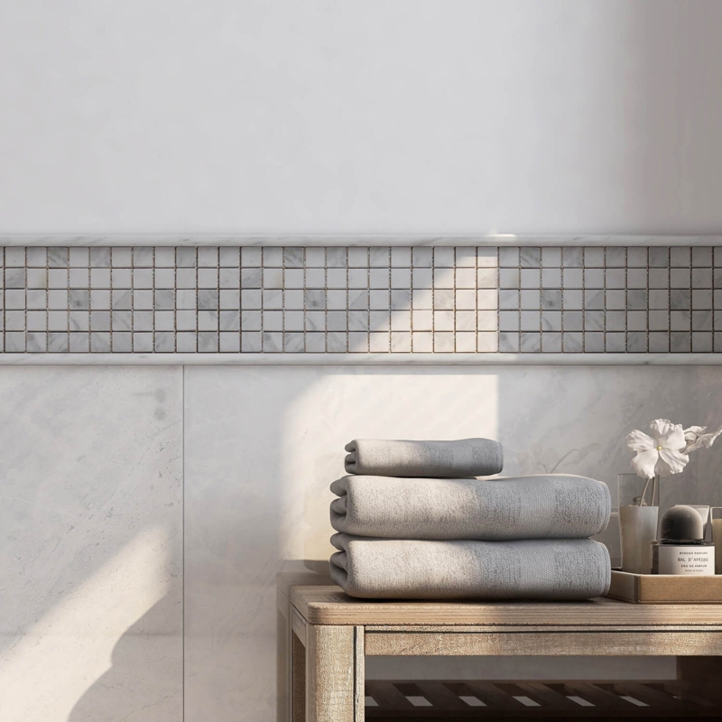 Carrara Marble Pencil Liner Trim Framing Mosaic Wall Inlay Detail