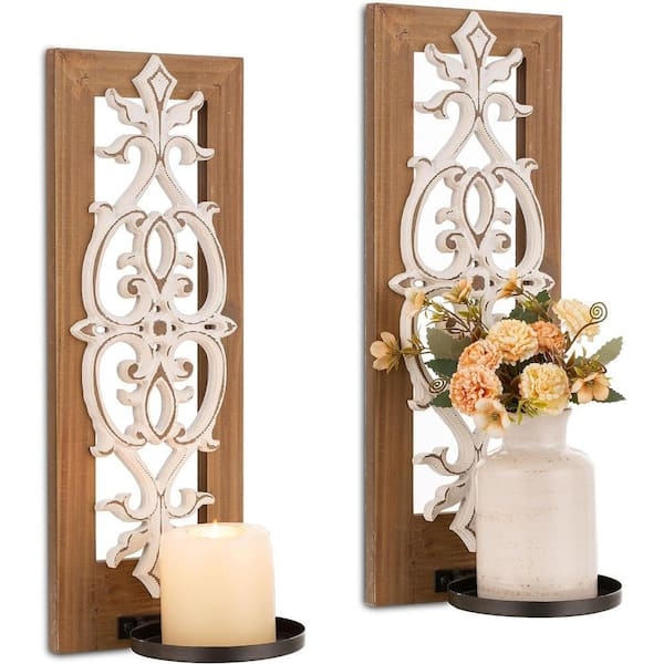 Carved Filigree Wall Sconce Set, Whitewashed Insert, Walnut Brown